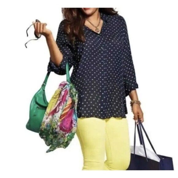 Cabi Martini Blouse Button Up Collar 3/4 Sleeve 5019 Small Blue Green Polka Dots - Picture 1 of 8
